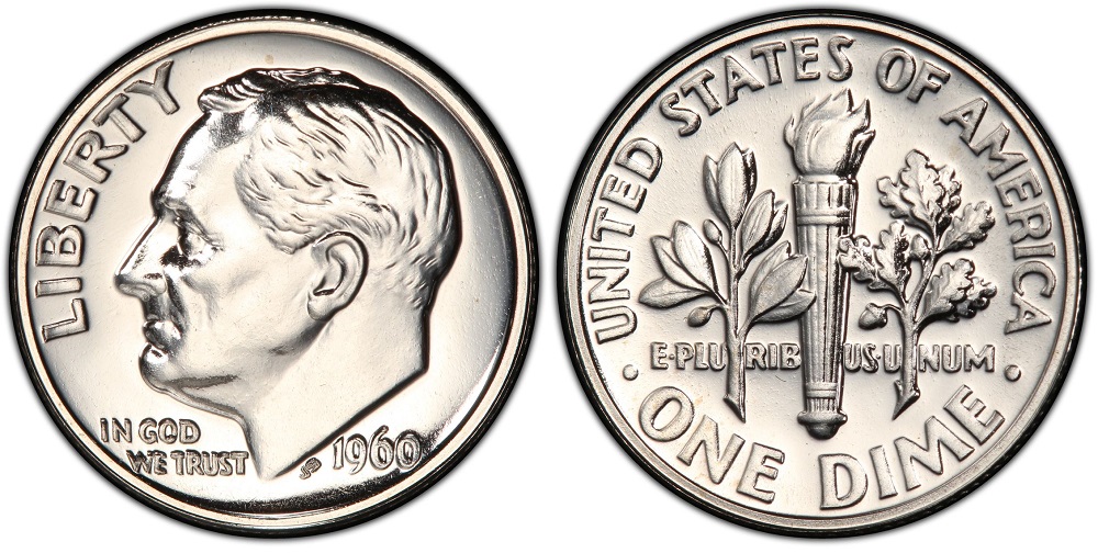 1960 Roosevelt dime proof obverse showing LIBERTY, date, and portrait — primary reference shot