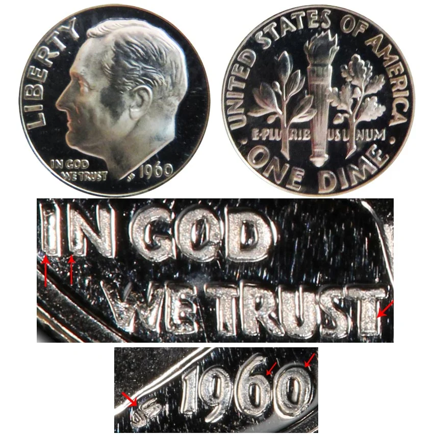 Side-by-side comparison of 1960 standard proof dime and 1960 DDO Doubled Die Obverse proof dime showing doubling on lettering