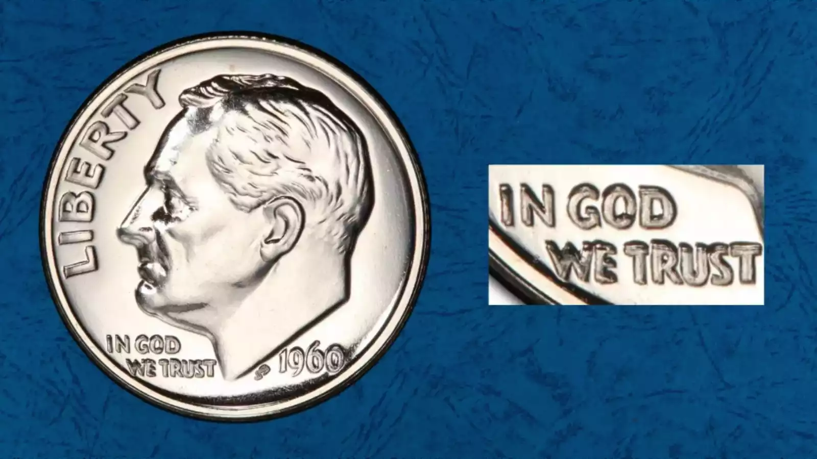 1960 Roosevelt dime DDO Doubled Die Obverse proof showing doubling on LIBERTY and IN GOD WE TRUST lettering