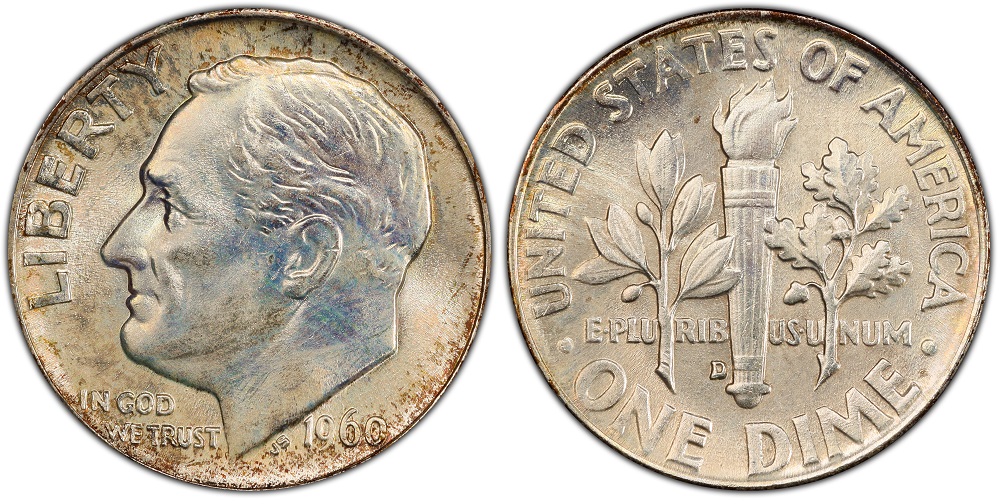 1960-D Roosevelt dime reverse showing Full Bands on the torch with clearly separated horizontal bands — MS67 FB example