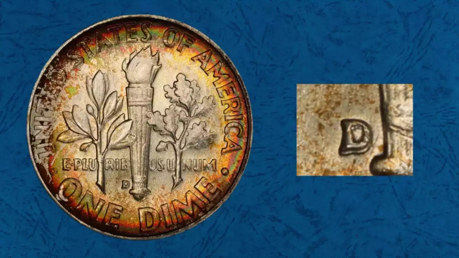 1960-D Roosevelt dime reverse showing Repunched Mintmark RPM D/D with secondary D impression visible near the torch base