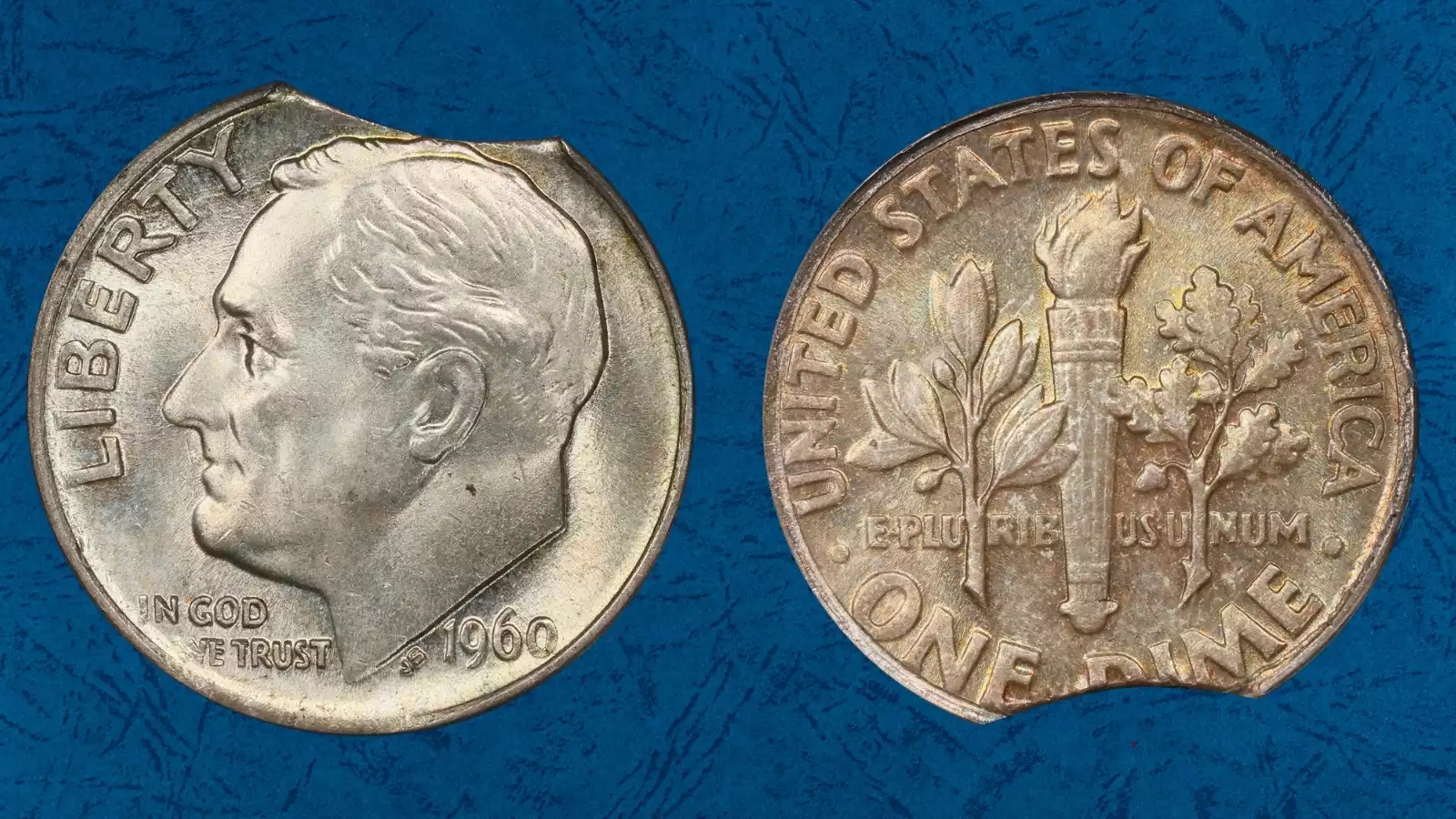 1960 Roosevelt dime clipped planchet error showing smooth crescent-shaped notch missing from the coin edge