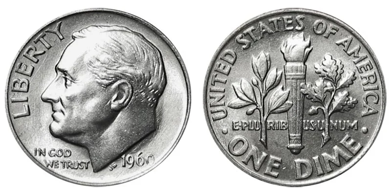 Grading strip showing four 1960 Roosevelt dimes in ascending condition from worn through circulated to uncirculated and gem mint state